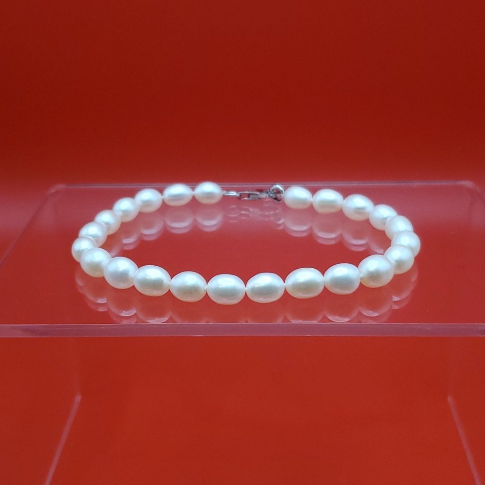7 Inch 925 Sterling Silver Bright White Genuine Pearls Bracelet